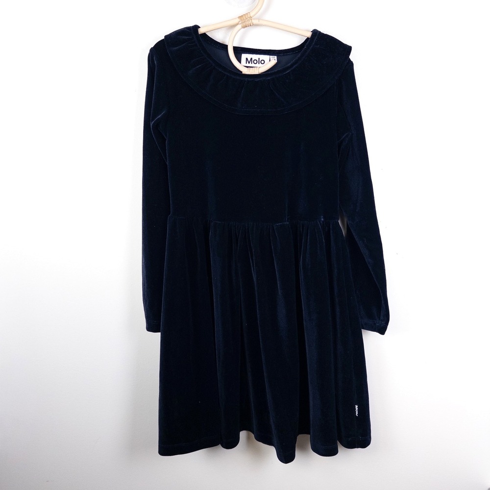 Molo Cyanne Dress Kids 7-8 Navy Blue Velour Ruffle Collar‎ Long Sleeve